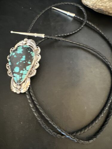 Men's Blue Spiderweb Turquoise Bolo Tie | Navajo Sterling Silver | Authentic Native American Handmade | 15008