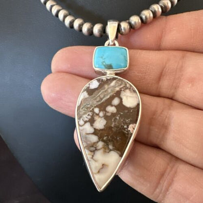Navajo Wild Horse | Blue Kingman Turquoise Necklace | Sterling Silver | Authentic Native American Handmade | 17310