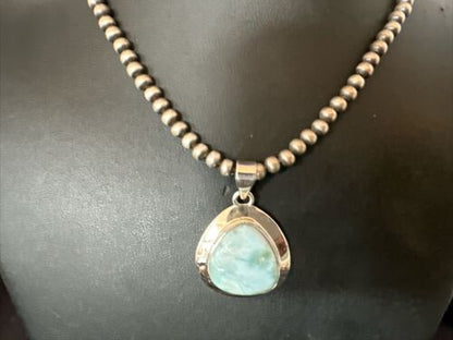 Navajo Blue Larimar Pendant Necklace | Sterling Silver Beads | Authentic Native American Handmade | 17605