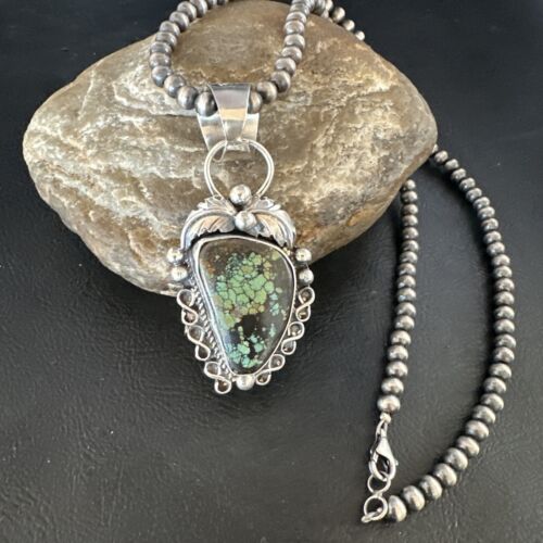 Navajo Green Spiderweb Turquoise Pendant Necklace | Sterling Silver | Native American Handmade | 15100