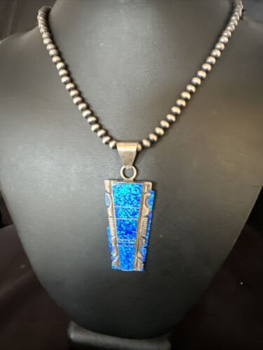 Blue Opal Pendant Necklace | Navajo Pearls & Sterling Silver Beads | Authentic Native American | 15181
