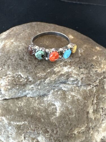 Opal, Coral Turquoise Zuni Sterling Silver Ring Size 6 16897