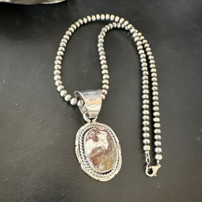 Navajo Wild Horse Turquoise Pendant Necklace | Sterling Silver | Authentic Native American Handmade | 17475