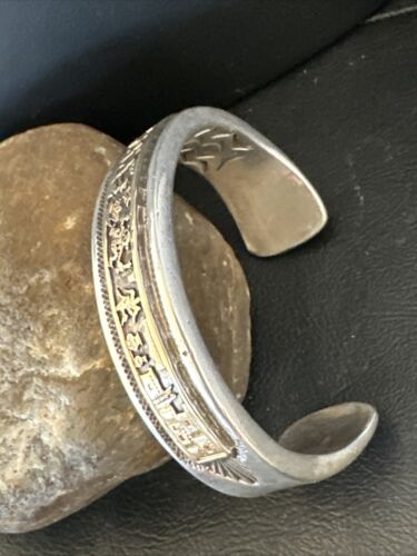 Navajo Sterling Silver Cuff Bracelet | 12K Gold Pueblo Stamped by V Hicks | Authentic Native American Handmade | 15989