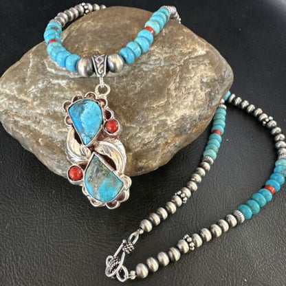 Navajo Blue Turquoise | Coral Pendant Necklace | Sterling Silver | Multi-Stone | 15256