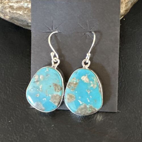 Navajo Blue Turquoise Dangle Earrings | Sterling Silver | Authentic Native American Handmade | 15433