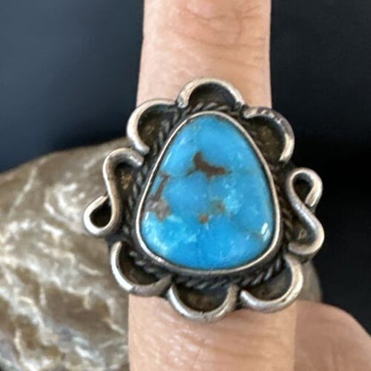 Navajo Blue Kingman Turquoise Ring | Sterling Silver | Sz 7.5 | Authentic Native American Handmade | 15894