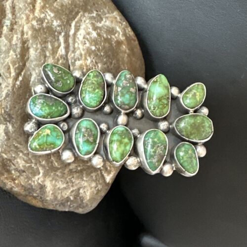 Navajo Green Sonoran Gold Turquoise Cluster Ring |Authentic Native American Sterling Silver | Multi-Stone | Sz 9 | 16028
