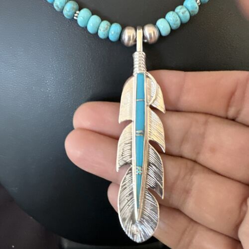 Men's Turquoise Inlay Feather Pendant Necklace | Sterling Silver | Authentic Native American Handmade | 17249