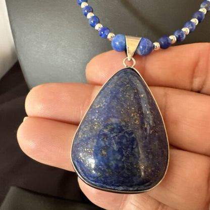 Navajo Blue Denim Lapis Pendant Necklace | Sterling Silver Pearls | 22" | Authentic Native American Handmade | 16579