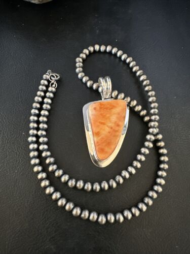 Navajo Pearls Orange Spiny Oyster Necklace Pendant | Sterling Silver | Authentic Native American Handmade | 15003