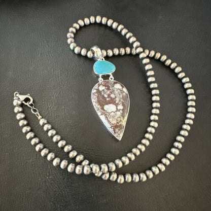 Navajo Wild Horse | Blue Kingman Turquoise Necklace | Sterling Silver | Authentic Native American Handmade | 17304
