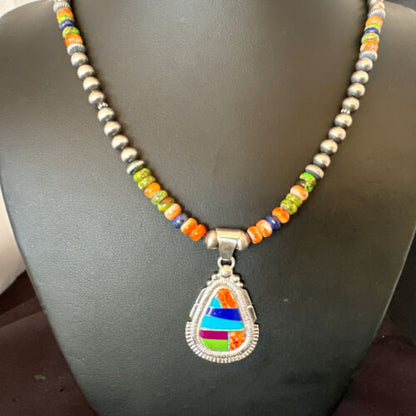 Navajo Spiny Oyster Turquoise Lapis Inlay Pendant Necklace | Sterling Silver | 21" | Authentic Native American Handmade | 16627