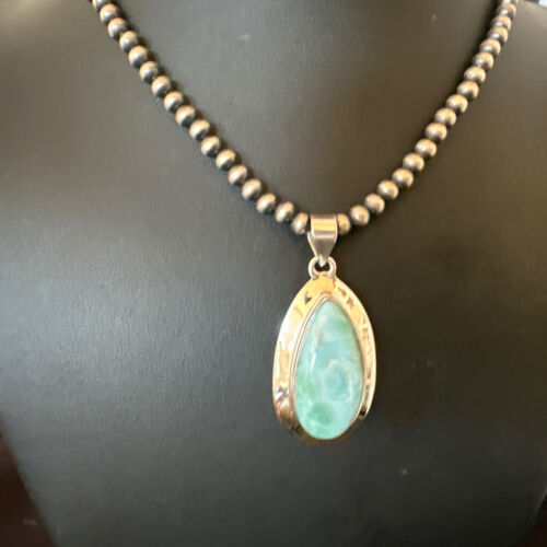 Navajo Blue Larimar Pendant Necklace | Sterling Silver Beads | Authentic Native American Handmade | 16485