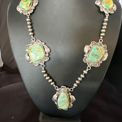 Navajo Green Royston Turquoise Pendant Necklace | Sterling Silver | Authentic Native American Handmade | 15252