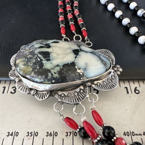 Navajo White Buffalo Turquoise and Coral Pendant Necklace | Sterling Silver | Authentic Native American Handmade | 15495