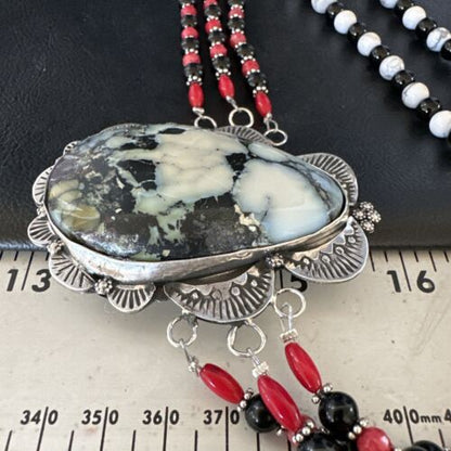 Navajo White Buffalo Turquoise and Coral Pendant Necklace | Sterling Silver | Authentic Native American Handmade | 15495