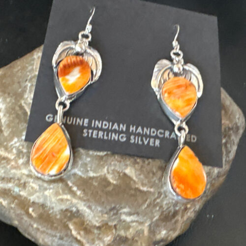 Navajo Orange Spiny Oyster Dangle Earrings | Sterling Silver | 1.5" | Authentic Native American Handmade | 16565