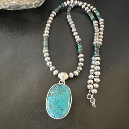 Men's Navajo Blue Spiderweb Turquoise Pendant Necklace | Sterling Silver | Authentic Native American Handmade | 16243 - Masha USA