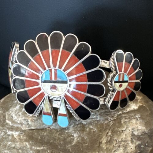 Zuni Blue Turquoise Coral Sunface Cuff Bracelet | Sterling Silver Inlay | Authentic Native American Handmade | 15059