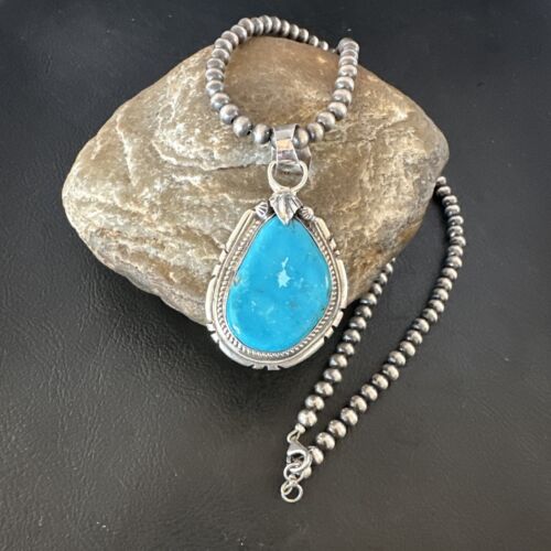 Men's Blue Kingman Turquoise Pendant Necklace | Navajo Pearls | Sterling Silver | Native American Handmade | 16020