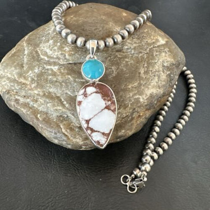 Navajo Wild Horse Blue Kingman Turquoise Necklace | Sterling Silver | Authentic Native American Handmade | 17318