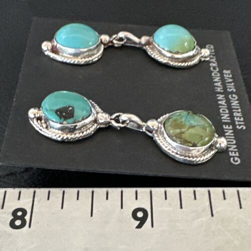 Navajo Blue Green Turquoise Dangle Earrings | Sterling Silver | 1.5" | Authentic Native American Handmade | 17387
