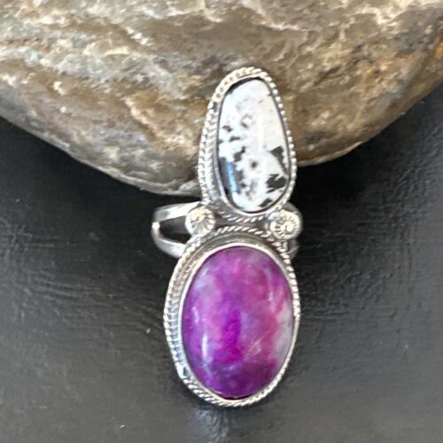 Navajo White Buffalo Turquoise Sugilite Ring | Authentic Native American Sterling Silver | Multi-Stone | Sz 9.5 | 16718