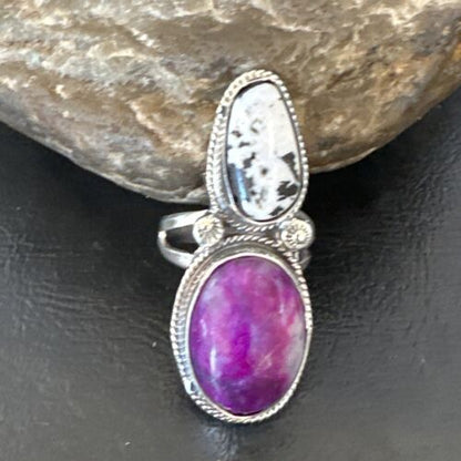 Navajo White Buffalo Turquoise Sugilite Ring | Authentic Native American Sterling Silver | Multi-Stone | Sz 9.5 | 16718