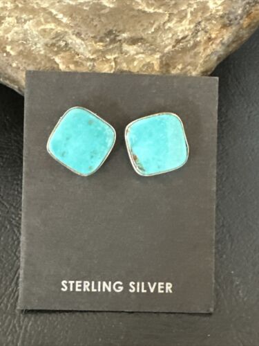 Navajo Blue Kingman Turquoise Post Stud Earrings | Sterling Silver | Authentic Native American Handmade | 17409