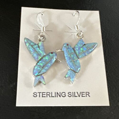 Navajo Blue Opal Hummingbird Earrings | Sterling Silver | 1" | Authentic Native American Handmade | 15088