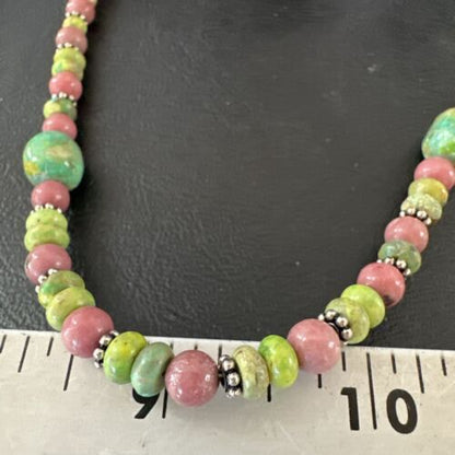 Navajo Green Turquoise Rhodochrosite Necklace | Sterling Silver | Authentic Native American Handmade | 20" | 17492