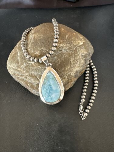 Navajo Blue Larimar Pendant Necklace | Sterling Silver Beads | Authentic Native American Handmade | 17603
