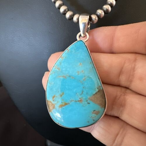 Blue Kingman Turquoise Pendant | Navajo Pearls | Sterling Silver Necklace 20" | 16999