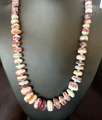 Navajo Blue Turquoise & Purple Spiny Oyster Bead Necklace | Sterling Silver | 21" | Authentic Native American | 17505