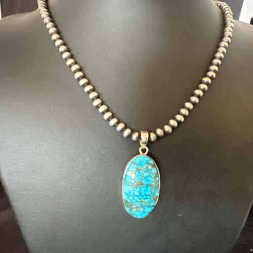 Men's Navajo Blue Spiderweb Turquoise Pendant Necklace | Sterling Silver | Authentic Native American Handmade | 16301
