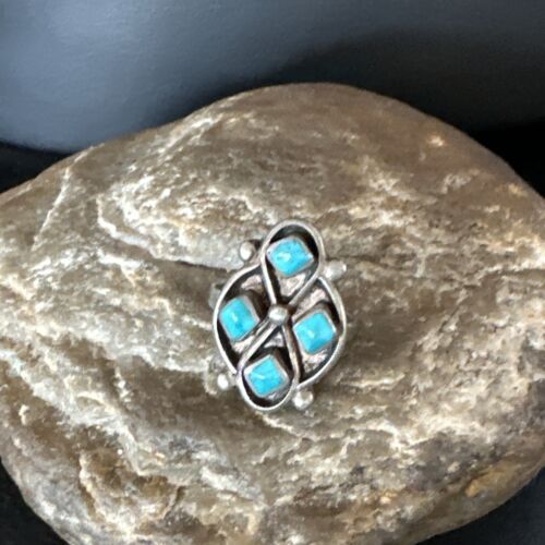 Navajo Blue Kingman Turquoise Cluster Ring | Authentic Native American Sterling Silver | Multi-Stone | Sz 5 | 15357