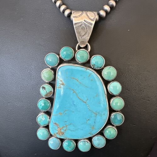 Navajo XL Blue Kingman Turquoise Cluster Pendant Necklace | Sterling Silver | Native American Handmade | 16796