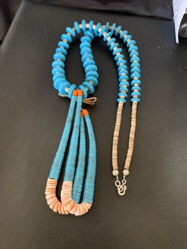Santo Domingo Spiny Oyster Blue Turquoise Shell Jacla Necklace | 26" | Authentic Native American Handmade | 12514