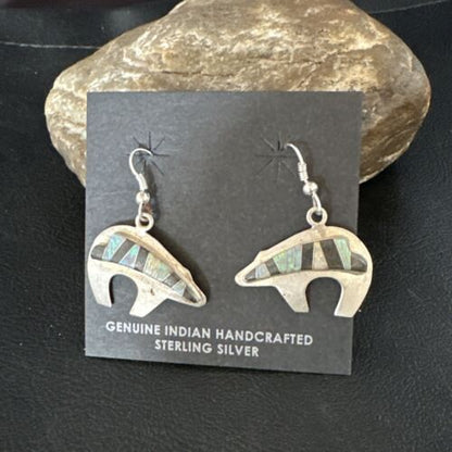 Navajo Onyx White Opal Inlay Dangle Earrings | Sterling Silver | Authentic Native American Handmade | 15352
