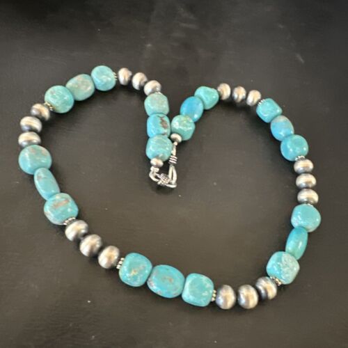 Navajo Blue Turquoise Nugget Necklace | Sterling Silver Pearls | Authentic Native American Handmade | 16" | 16655