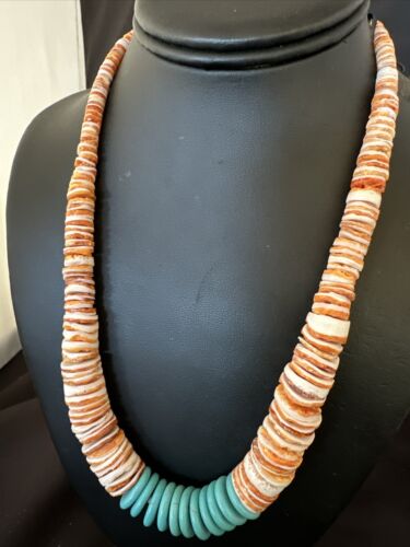 Navajo Sterling Silver Blue Turquoise & Spiny Oyster Graduated Necklace | Authentic Native American | 20" | 16903