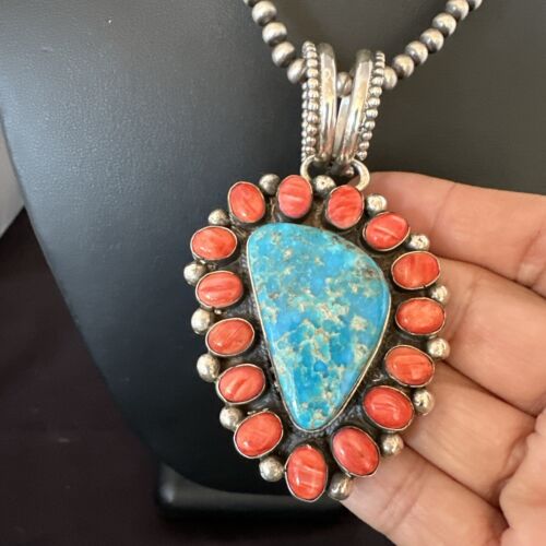 Navajo Turquoise Spiny Oyster Cluster Pendant Necklace | Sterling Silver | Native American Handmade | 17151 - Masha USA