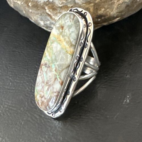 Navajo Ribbon Boulder Green Turquoise Ring | Sterling Silver | Sz 8 | Authentic Native American Handmade | 16383