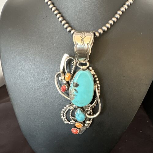 Navajo Kingman Turquoise | Spiny Oyster Necklace Pendant | Sterling Silver | Multi-Stone | 15950