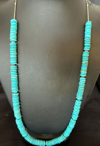 Men's Navajo Blue Turquoise Heishi Necklace | Sterling Silver | 24" | Authentic Native American Handmade | 16340 - Masha USA
