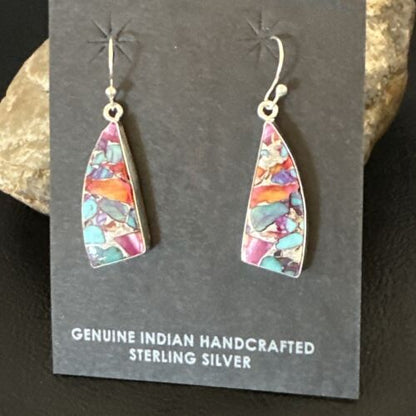 Navajo Blue Turquoise Red Spiny Oyster Inlay Dangle Earrings | Sterling Silver | 15575