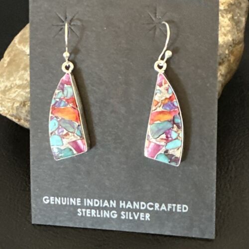 Navajo Blue Turquoise Red Spiny Oyster Inlay Dangle Earrings | Sterling Silver | 15575