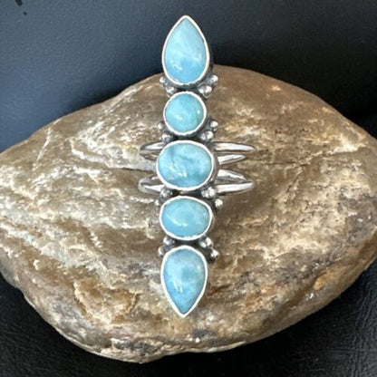 Navajo Blue Larimar Multi-Stone Ring | Authentic Native American Sterling Silver | Multi-Stone | Sz 9.5 | 15974
