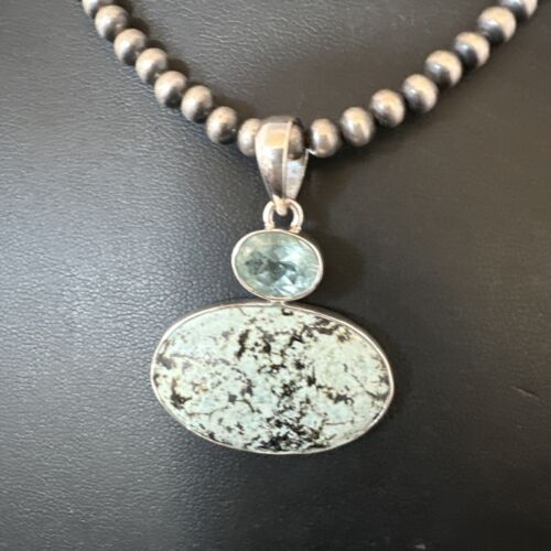 Navajo Dry Creek Turquoise Topaz Pendant Necklace | Sterling Silver | Authentic Native American Handmade | 16315
